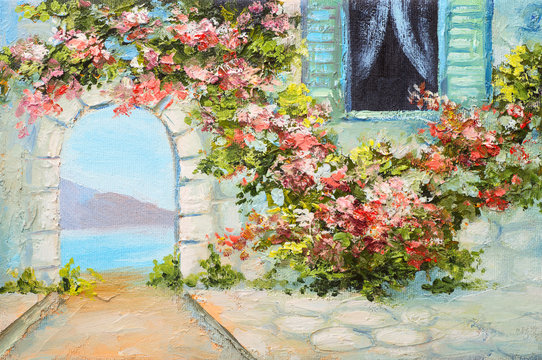oil painting - house near the sea, colorful flowers, summer seascape