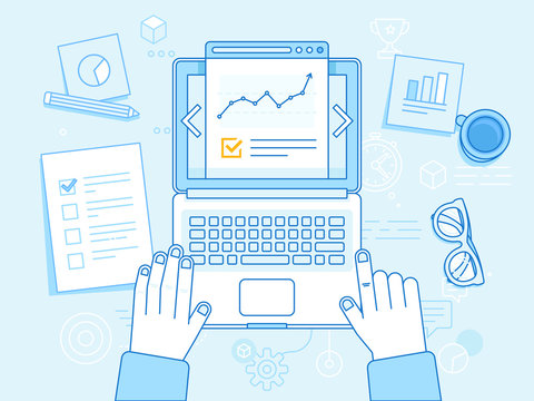 blue laptop with hands, charts, and checklist clip art preview