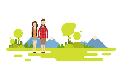 Traveler Man Woman, Couple Outdoor Hiking Over Mountain Background Banner Copy Space