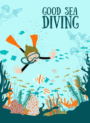 Scuba divers under water. Vector illustration.