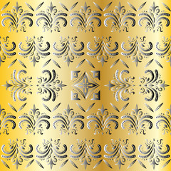 Seamless geometric plastic pattern. Silver monogram on the gold background.