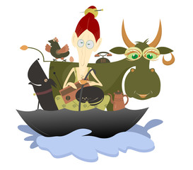 Flood and unruffled calm. Unruffled old woman with farm animals and pets escapes from flood in the umbrella and has a cup of coffee 

