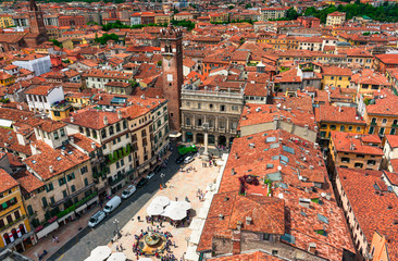 Aerial view of Piazza delle Erbe in center of Verona, Italy