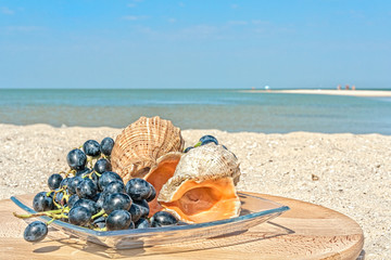 Still life with grapes and shells on the beach
