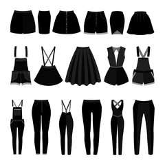 Set of trendy women's skirts, shorts, overalls and panties. Vector illustration