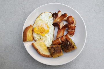 breakfast, bread ,fried eggs ,sausage