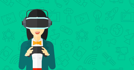 Woman wearing virtual reality headset.