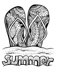 Hand drawn flip flops at the summer beach for coloring book