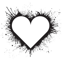 White heart shape on black paint splashes background. Vector illustration.