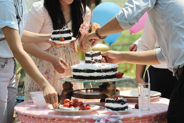 strawberry on chocolate cake outdoor, wedding cake