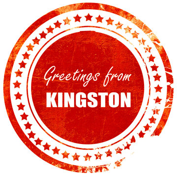 Greetings from kingston, grunge red rubber stamp on a solid whit