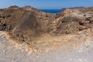 Panoramic view of volcano in Nea Kameni island near Santorini, Cyclades, Greece
