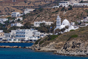 Panoramic view of white houses in Ios Town, Cyclades, Greece
