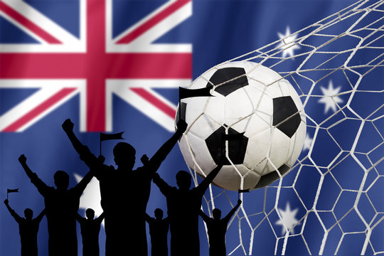 silhouettes of Soccer fans with flag of Australia.Cheer Concept