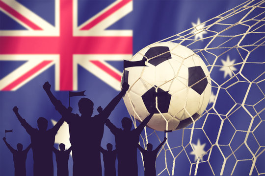 silhouettes of Soccer fans with flag of Australia.Cheer Concept