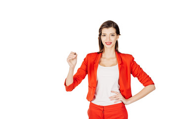 young business woman writing something on glass board with a marker