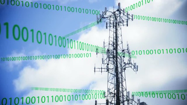 An abstract representation of a cell tower transmitting and receiving data.	