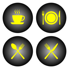 ikony: kawa, posiłek, sztućce