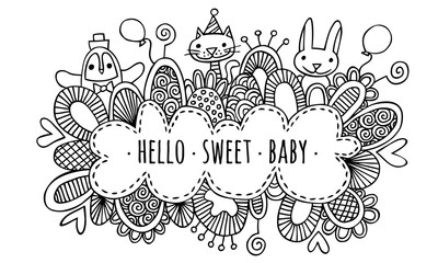 Hello Sweet Baby Hand Drawn Doodle Vector Lineart Black and White
