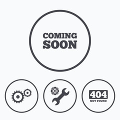 Coming soon icon. Repair service tool and gear.