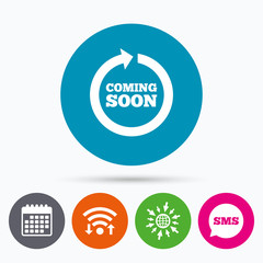 Coming soon icon. Promotion announcement symbol.