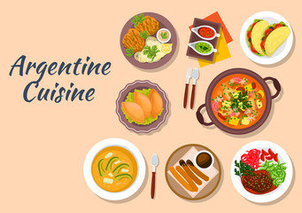 Argentine cuisine with cazuela and seafood, empanadas and tortillas, soup locro with avocado and beef shank ossobuco, pork chop milanese, sauce with tuco and chimichurri, chocolate with churros