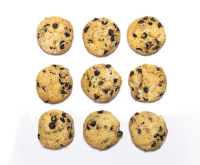 chocolate chip cookies on a white background from above