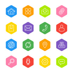 white line web icon set on colorful hexagon for web design, user interface (UI), infographic and mobile application (apps)
