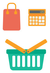 Calculator, shopping basket and bag