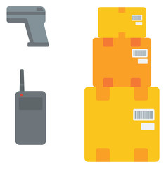 Cardboard boxes, barcode scanner and radio set.