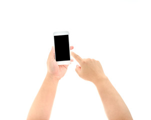 Hand holding and Touch on Smartphone with blank screen isolated