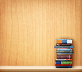 books on wooden shelf
