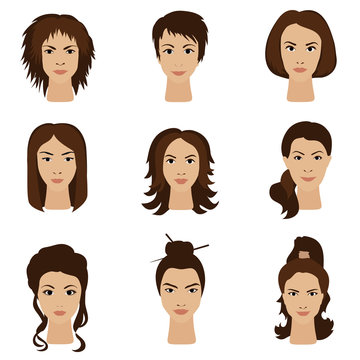 Young woman girls with various different hair style set.