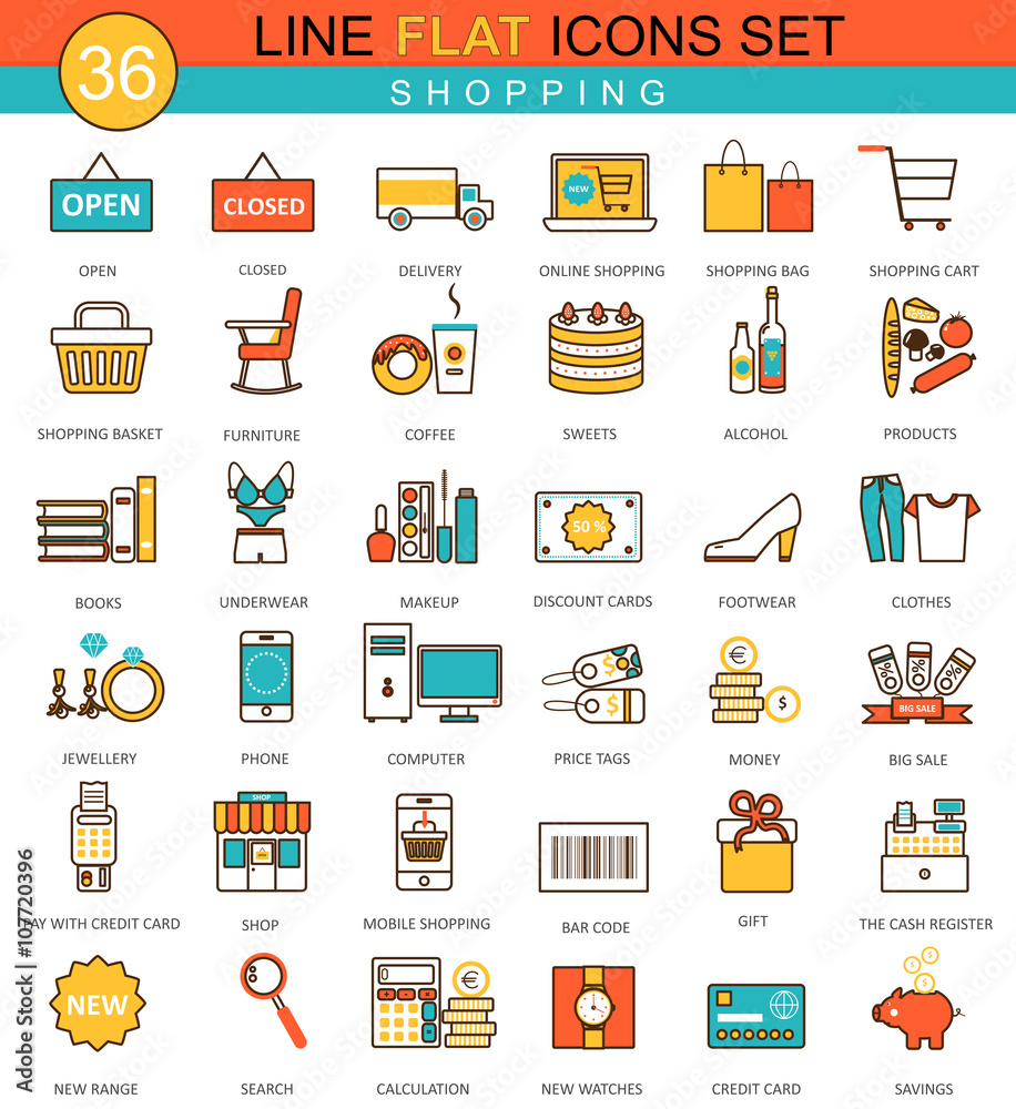 Aufkleber vector shopping flat line icon set. modern elegant style design for web.