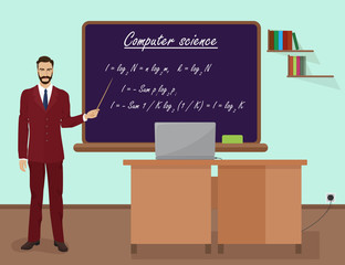 School Computer science male teacher in audience class concept. Vector illustration.