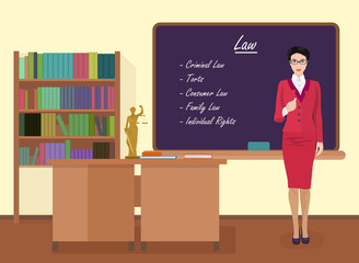 School Law female teacher in audience class concept. Vector illustration.