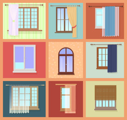 Set of high quality various Vintage Windows with curtains. Vector illustration