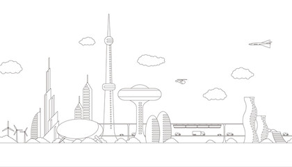 modern cityscape panorama view, futuristic buildings and transportation, design template, line drawing illustration