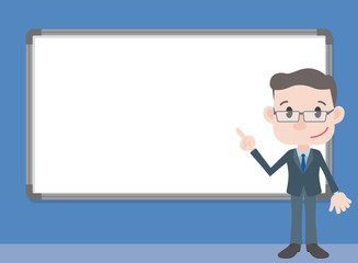 middle aged business person character pointing whiteboard, vector illustration
