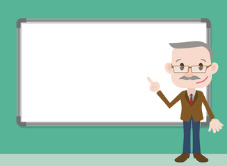 aged business man character pointing whiteboard, vector illustration