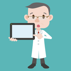 middle aged doctor (or professor) point at tablet PC, wearing white coat, vector clip art illustration