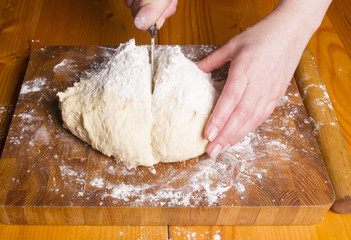 Making dough by female hands