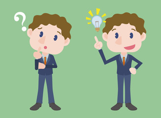 young white business person character, posing question and inspiration, vector illustration
