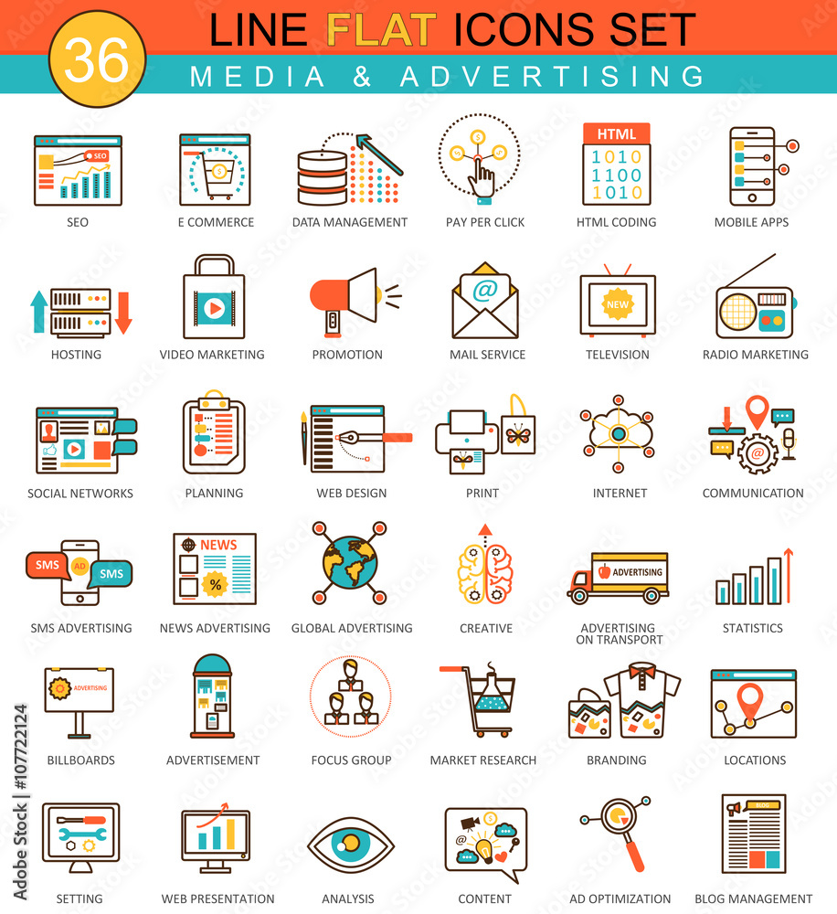 Poster vector media advertising flat line icon set. modern elegant style design for web.