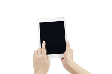 woman hand touching white tablet isolated