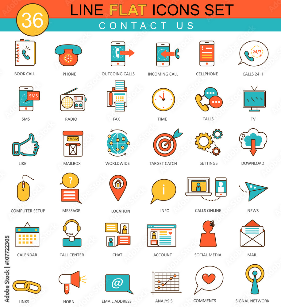 Poster Vector Contact us flat line icon set. Modern elegant style design  for web.