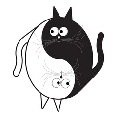 Obraz premium White and black cute funny cartoon cat. Yin Yang sign icon. Feng shui symbol. Isolated Flat design style