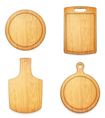 set of empty wooden cutting boards on white background