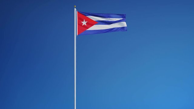 Cuba flag waving in slow motion against clean blue sky, seamlessly looped, long shot, isolated on alpha channel with black and white luminance matte, perfect for film, news, digital composition