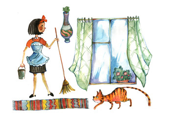 cleaning of the apartment, the lady with a broom,  watercolor
